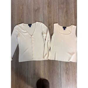 Ann Taylor Cream Cardigan Sweater Tank Top Set V Neck Button Front Sleeveless